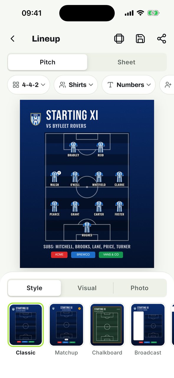 Line-up editor showing a 4-4-2 with players placed